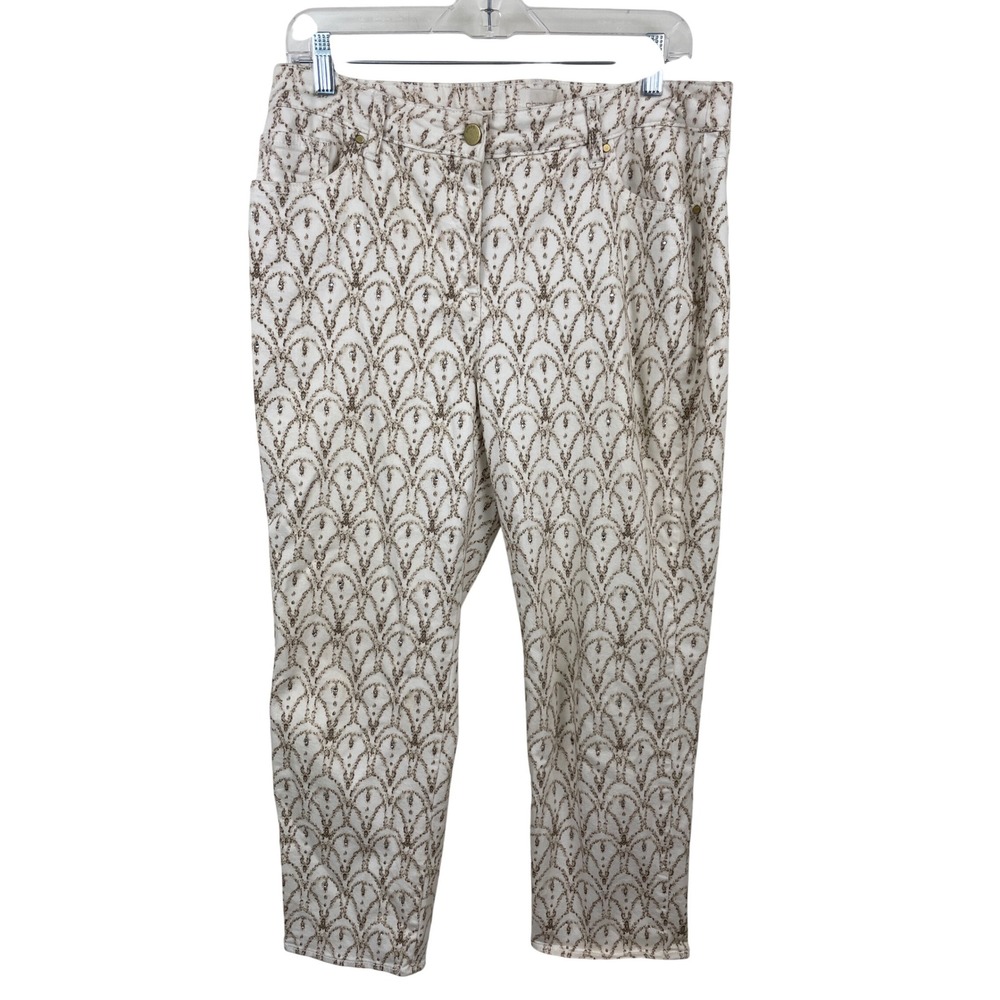 Chicos Pants Womens‎ Size 1.5 (10) White Gold Art Deco Print Embellished Cropped